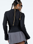 Front view of model wearing  front Princess Polly Full Sleeves High Neck  Nial Long Sleeve Top Black / Pinstripe