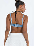 Front view of model wearing  front Princess Polly Full Sleeves Square Neck  Marah Denim Lace Up Top Mid Blue