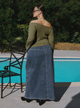 back view of model wearing Princess Polly Batkins Maxi Skirt Dark Wash Denim Curve Maxi 