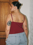 back view of model wearing Princess Polly Sampson Top Burgundy Curve Sleeveless Plunger 