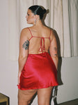 back view of model wearing Princess Polly Ally Mini Dress Red Curve Scoop Neck 