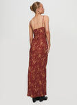 back view of model wearing Princess Polly Bombay Bias Maxi Dress Rust Sweetheart Neckline 