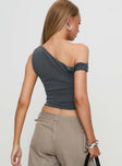 back view of model wearing Princess Polly Danette One Shoulder Top Slate Sleeveless Asymmetric Neckline 