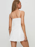 back view of model wearing Princess Polly Missin Frill Mini Dress White Sweetheart Neckline 