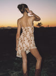 back view of model wearing Princess Polly Quinns Asymmetric Mini Dress Beige / Floral Square Neck 