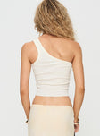 back view of model wearing Princess Polly Water Colour One Shoulder Top White Sleeveless Asymmetric Neckline 