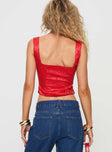 back view of model wearing Princess Polly Loyal Heart Corset Top Red Sleeveless Square Neck 