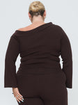 back view of model wearing Princess Polly Sina Off The Shoulder Top Chocolate Curve Cropped 