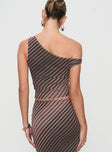 back view of model wearing Princess Polly Rios One Shoulder Top Brown Stripe Sleeveless Asymmetric Neckline 