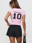 back view of model wearing Princess Polly Track Record Graphic Top Pink Short Sleeves Scoop Neck 