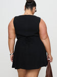 back view of model wearing Princess Polly Dollie Linen Mini Dress Black Curve High Neck 