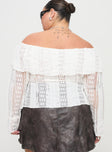 back view of model wearing Princess Polly Lisbeth Off The Shoulder Top White Curve Full Sleeves straight 