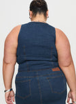 back view of model wearing Princess Polly Edenette Top Mid Blue Wash Curve Sleeveless Plunger 