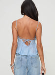 back view of model wearing Princess Polly Elizaveta Top Blue Sleeveless Plunger 