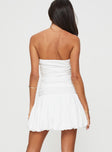 back view of model wearing Princess Polly Glamour Girl Strapless Bubble Hem Mini Dress White Petite Straight Neck 