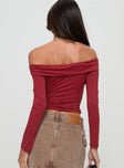 back view of model wearing Princess Polly Kressida Off The Shoulder Top Red Full Sleeves Asymmetric Neckline 