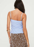 back view of model wearing Princess Polly Lunya Top Blue Sleeveless Plunger 