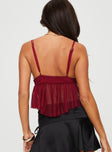 back view of model wearing Princess Polly Corella Top Burgundy Sleeveless Sweetheart 