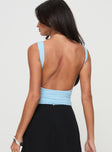 back view of model wearing Princess Polly Morgane Mesh Bodysuit Blue Sleeveless 