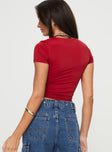 back view of model wearing Princess Polly Back In Time Short Sleeve Top Red Short Sleeves Square Neck 