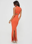 Knit maxi dress Mock neckline, large cut out at side, slit at back