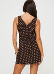 back view of model wearing Princess Polly Nellie Mini Dress Brown Polka Dot Tall V-Neck 