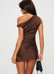 Front view of model wearing  front Princess Polly Asymmetric Neckline  Original Sin Mini Dress Garnet