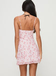 back view of model wearing Princess Polly Valencia Mini Dress Pink / Floral Square Neck 