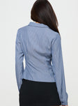 back view of model wearing Princess Polly Fogler Shirt Blue Stripe Full Sleeves V-Neck 