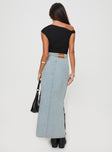 back view of model wearing Princess Polly Brandee Tie Front Denim Maxi Skirt Light Wash Maxi 