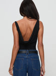 back view of model wearing Princess Polly Axton Cowl Neck Bodysuit Black Sleeveless 