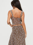 back view of model wearing Princess Polly Aerin Top Brown Multi Sleeveless Plunger 