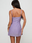 back view of model wearing Princess Polly Melrose Nights Mini Dress Lilac Square Neck 