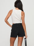 back view of model wearing Princess Polly Saldana Shorts Washed Black Denim High Waisted Shorts 