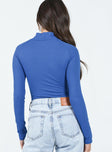 back view of model wearing Princess Polly Greaves Long Sleeve Bodysuit Cobalt Full Sleeves High Neck 