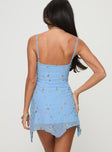 back view of model wearing Princess Polly Harkin Mini Dress Blue Sweetheart Neckline 