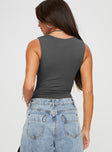 back view of model wearing Princess Polly Josefine Bodysuit Grey Sleeveless High Neck 