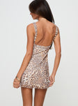 back view of model wearing Princess Polly Zuba Mini Dress Leopard V-Neck 