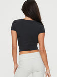 back view of model wearing Princess Polly Back In Time Short Sleeve Top Black Short Sleeves Square Neck 