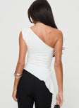 back view of model wearing Princess Polly Vulnerable One Shoulder Top White Sleeveless Asymmetric Neckline 