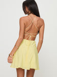 back view of model wearing Princess Polly Webbs Mini Dress Yellow Plunger 