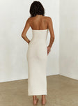 back view of model wearing Princess Polly Cloud Strapless Boucle Maxi Dress Cream Straight Neck 