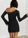 back view of model wearing Princess Polly Holveck Off The Shoulder Mini Dress Black Asymmetric Neckline 