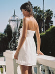 back view of model wearing Princess Polly Rosenberg Strapless Mini Dress White Sweetheart Neckline 