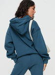 back view of model wearing Princess Polly Princess Polly Hooded Sweatshirt Block / Cursive Text Slate 