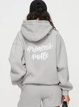 back view of model wearing Princess Polly Princess Polly Hooded Sweatshirt Puff Text Grey 