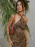 front view of model wearing Princess Polly Eleganza Top Leopard Petite Sleeveless Cowl 