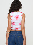 back view of model wearing Princess Polly Back In Time Top White Floral Sleeveless Square Neck 