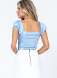 back view of model wearing Princess Polly Allyson Top Blue Short Sleeves Sweetheart 