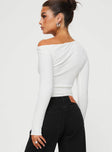 back view of model wearing Princess Polly Malian Long Sleeve Top White Full Sleeves Asymmetric Neckline 